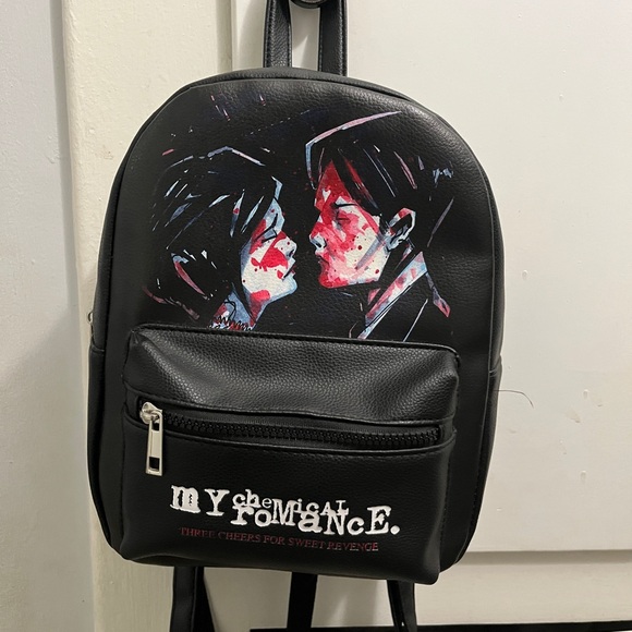 My Chemical Romance Handbags - My Chemical Romance Black Graphic Mini Backpack with Red & Blue Accent Artwork